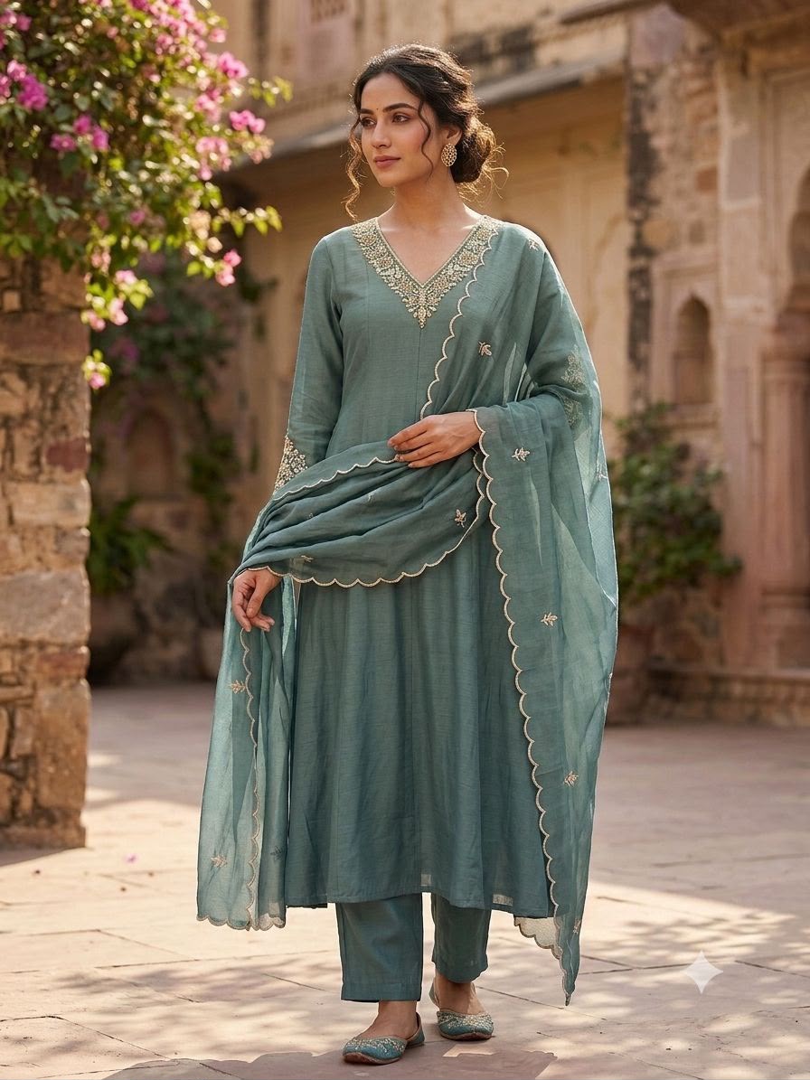 Premium Mul Chanderi Suit Set with Handwork & Cutwork Sleeves