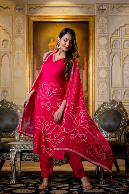 Bandhej Silk Viscose Dupatta Set with Mulmul Lining